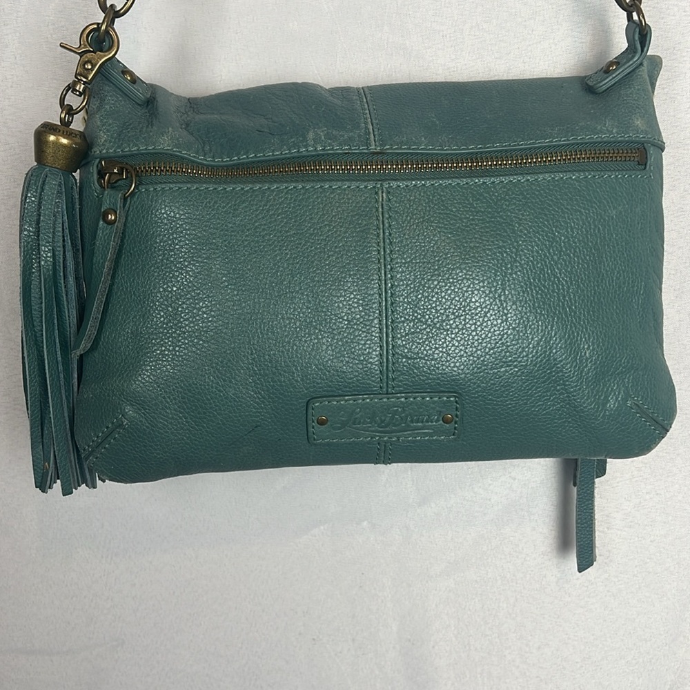 Lucky Brand Teal Leather Foldover Crossbody Hobo Bag Boho Fringe Distressed - Picture 7 of 15